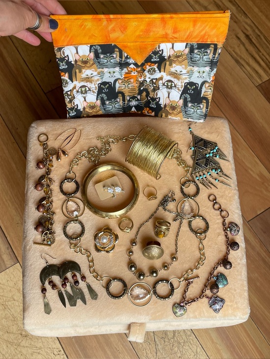 Jewelry - Lot of gold tone fashion jewelry and cat pouch .
